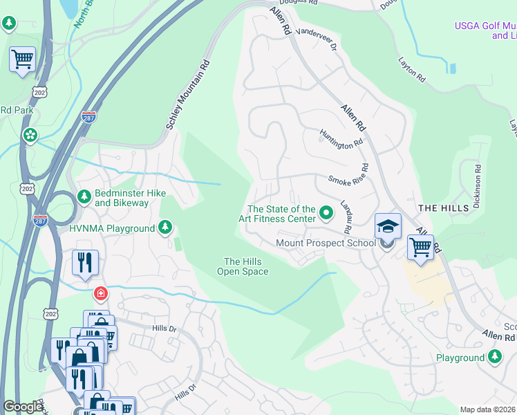 map of restaurants, bars, coffee shops, grocery stores, and more near 70 Academy Court in Bedminster