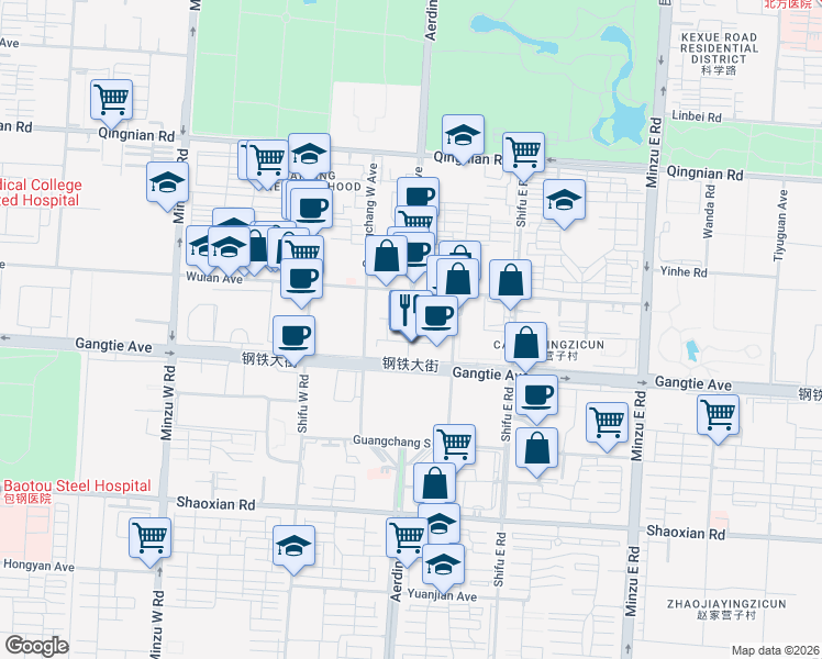map of restaurants, bars, coffee shops, grocery stores, and more near in Baotou