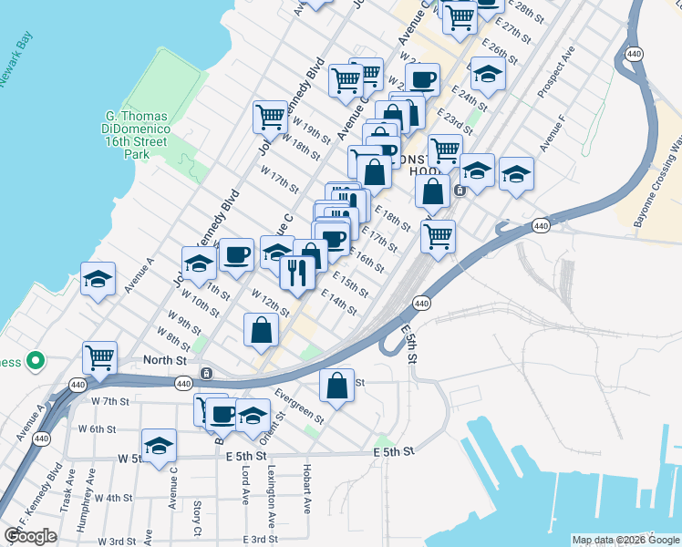 map of restaurants, bars, coffee shops, grocery stores, and more near 22 East 15th Street in Bayonne