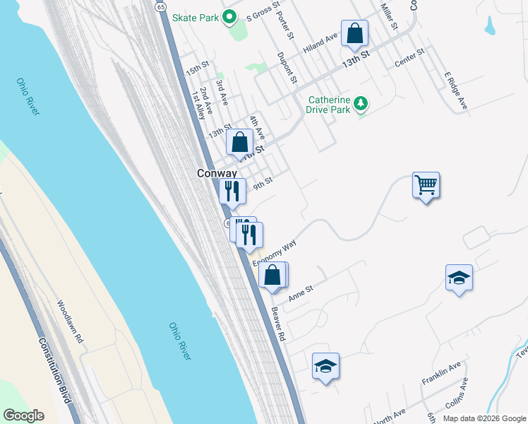 map of restaurants, bars, coffee shops, grocery stores, and more near 1600 West State Street in Baden