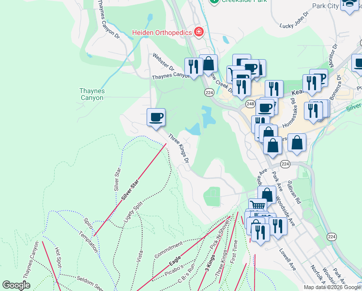 map of restaurants, bars, coffee shops, grocery stores, and more near 1700 Three Kings Drive in Park City