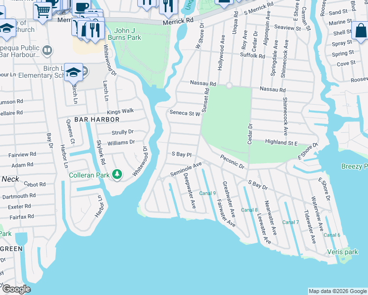 map of restaurants, bars, coffee shops, grocery stores, and more near 18 South Bay Place in Massapequa