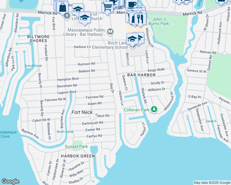 map of restaurants, bars, coffee shops, grocery stores, and more near 128 Harbor Lane in Massapequa Park