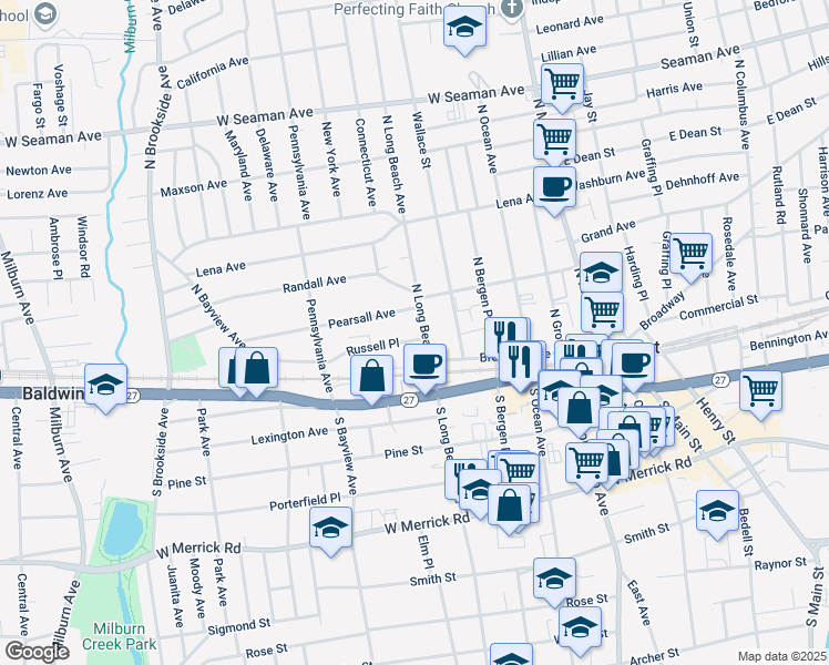 map of restaurants, bars, coffee shops, grocery stores, and more near 7 Russell Place in Freeport