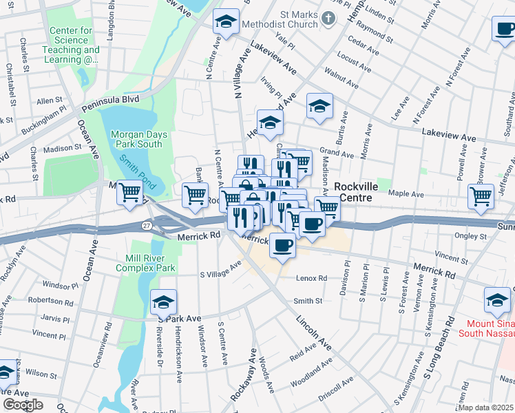 map of restaurants, bars, coffee shops, grocery stores, and more near 212 New York 27 in Rockville Centre