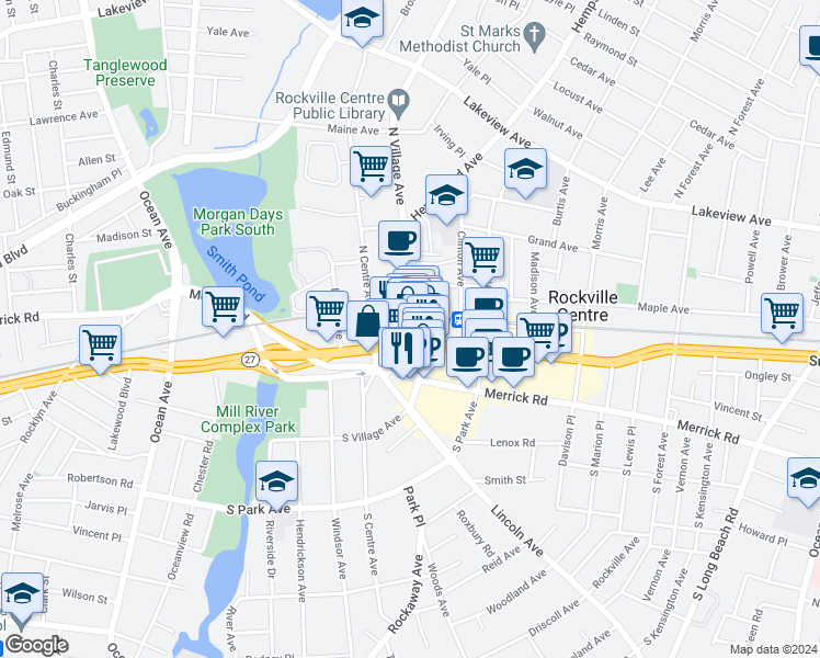 map of restaurants, bars, coffee shops, grocery stores, and more near 182 New York 27 in Rockville Centre