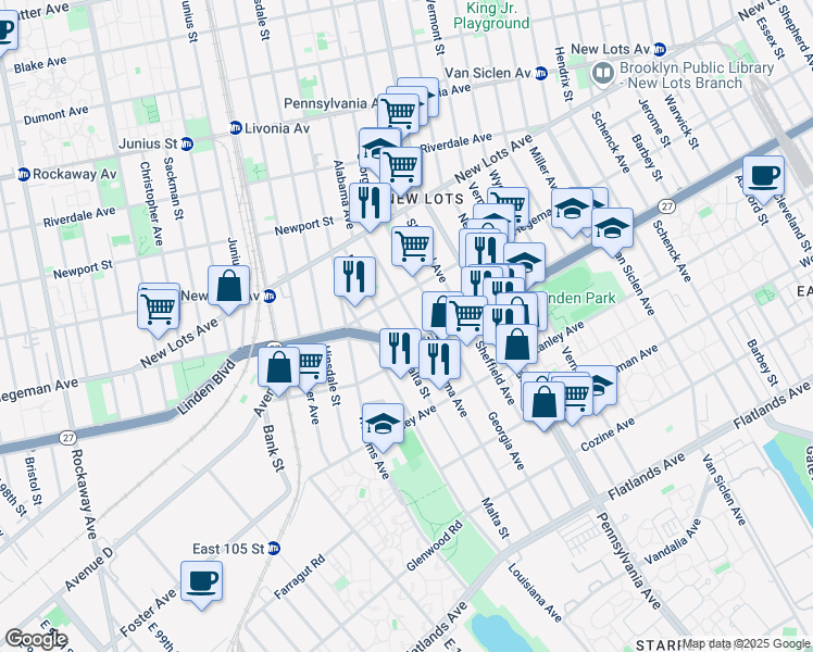 map of restaurants, bars, coffee shops, grocery stores, and more near 1824 Linden Boulevard in Brooklyn