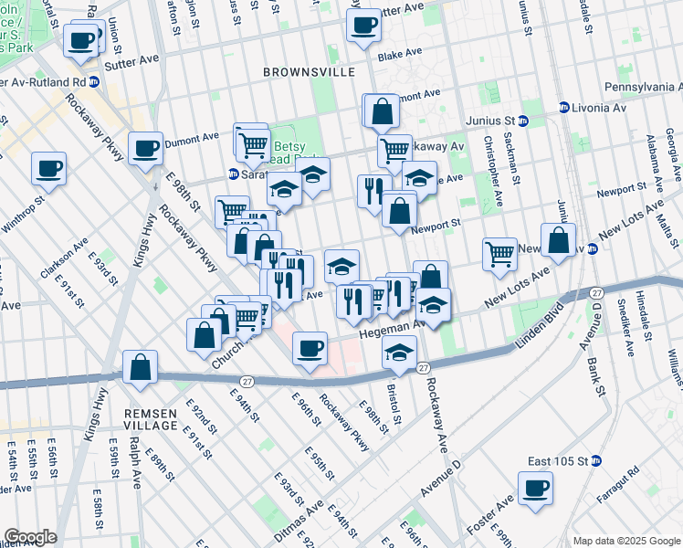 map of restaurants, bars, coffee shops, grocery stores, and more near 75 Lott Avenue in Brooklyn