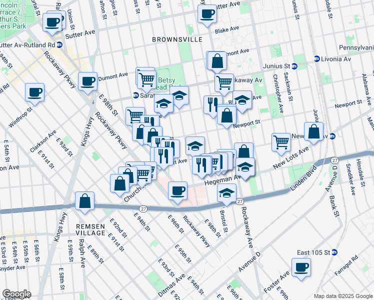 map of restaurants, bars, coffee shops, grocery stores, and more near 75 Lott Avenue in Brooklyn