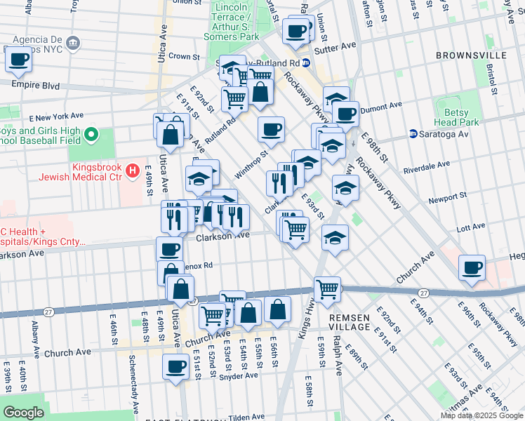 map of restaurants, bars, coffee shops, grocery stores, and more near 37 East 55th Street in Brooklyn