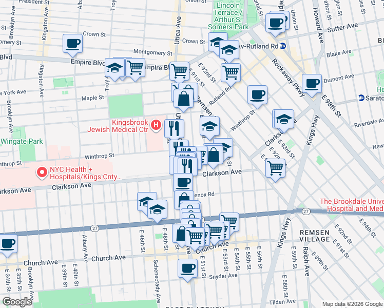 map of restaurants, bars, coffee shops, grocery stores, and more near 651 Utica Avenue in Brooklyn