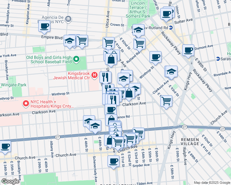 map of restaurants, bars, coffee shops, grocery stores, and more near 651 Utica Avenue in Brooklyn
