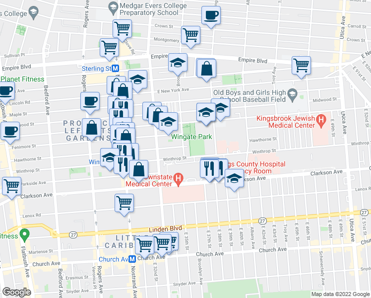 map of restaurants, bars, coffee shops, grocery stores, and more near 443 Winthrop Street in Brooklyn