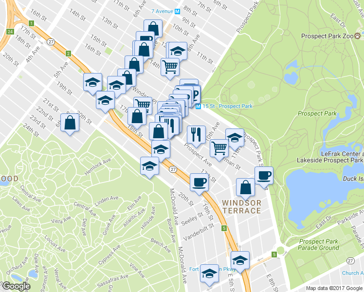 map of restaurants, bars, coffee shops, grocery stores, and more near 528 17th Street in Brooklyn