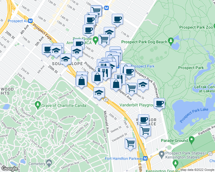 map of restaurants, bars, coffee shops, grocery stores, and more near 528 17th Street in Brooklyn