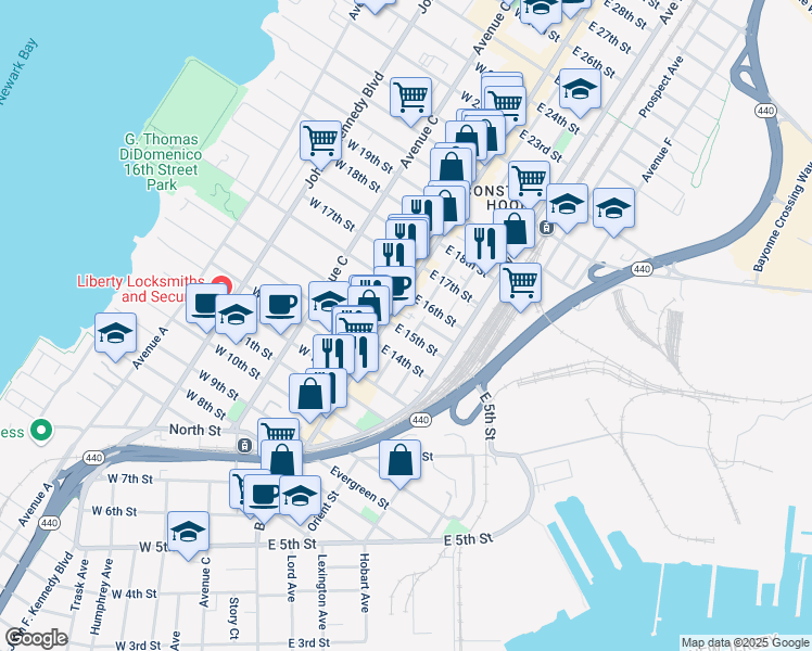map of restaurants, bars, coffee shops, grocery stores, and more near 22 East 15th Street in Bayonne