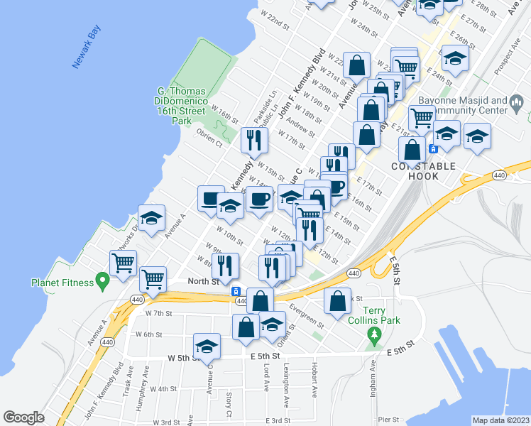 map of restaurants, bars, coffee shops, grocery stores, and more near in Bayonne