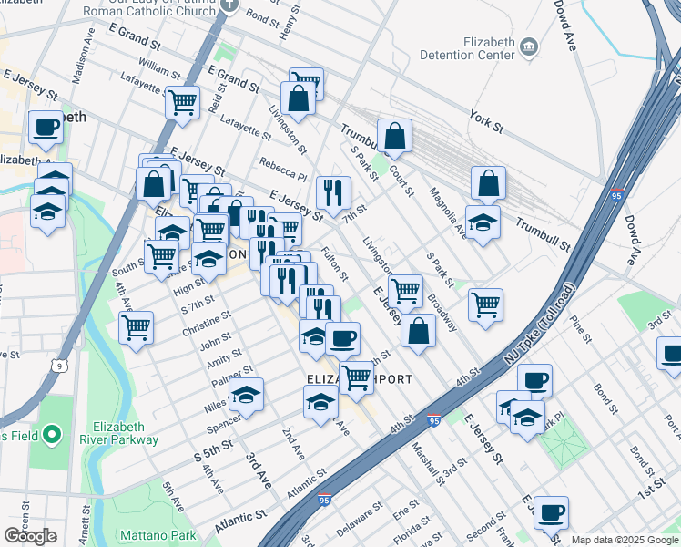 map of restaurants, bars, coffee shops, grocery stores, and more near 618 Franklin Street in Elizabeth