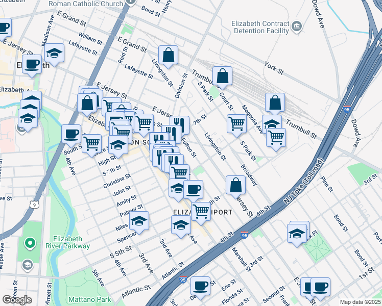 map of restaurants, bars, coffee shops, grocery stores, and more near 618 Franklin Street in Elizabeth