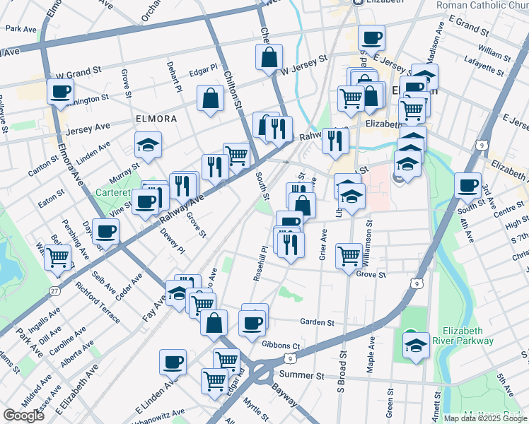 map of restaurants, bars, coffee shops, grocery stores, and more near 320 New York Avenue in Elizabeth