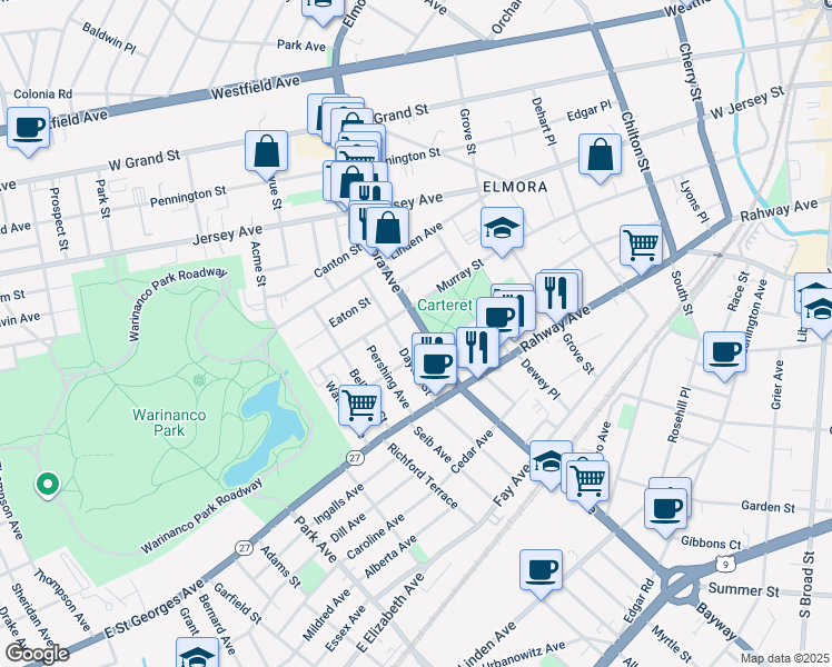 map of restaurants, bars, coffee shops, grocery stores, and more near 30 Elmora Avenue in Elizabeth