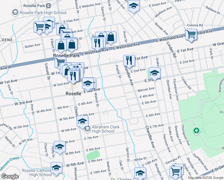map of restaurants, bars, coffee shops, grocery stores, and more near 243 East 4th Avenue in Roselle