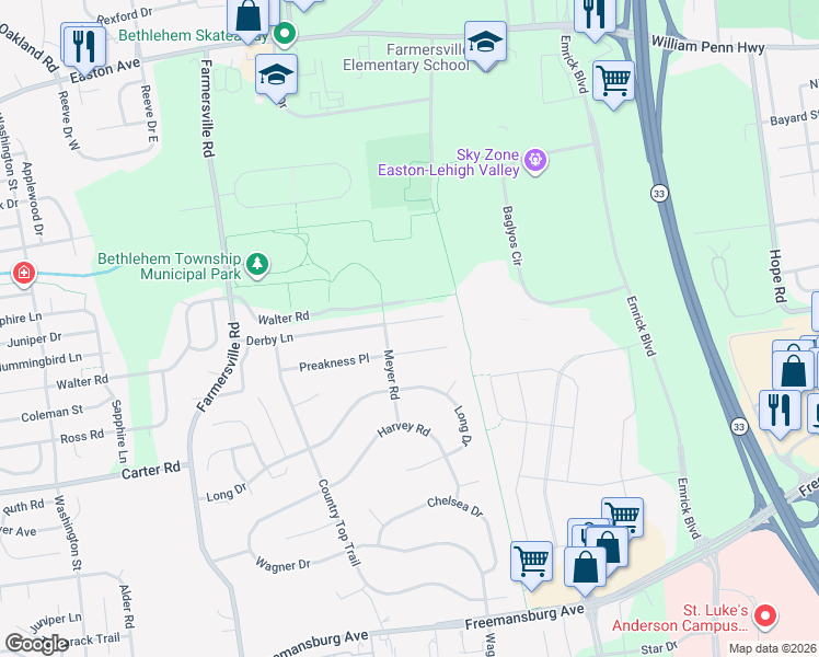 map of restaurants, bars, coffee shops, grocery stores, and more near 4991 Preakness Place in Bethlehem