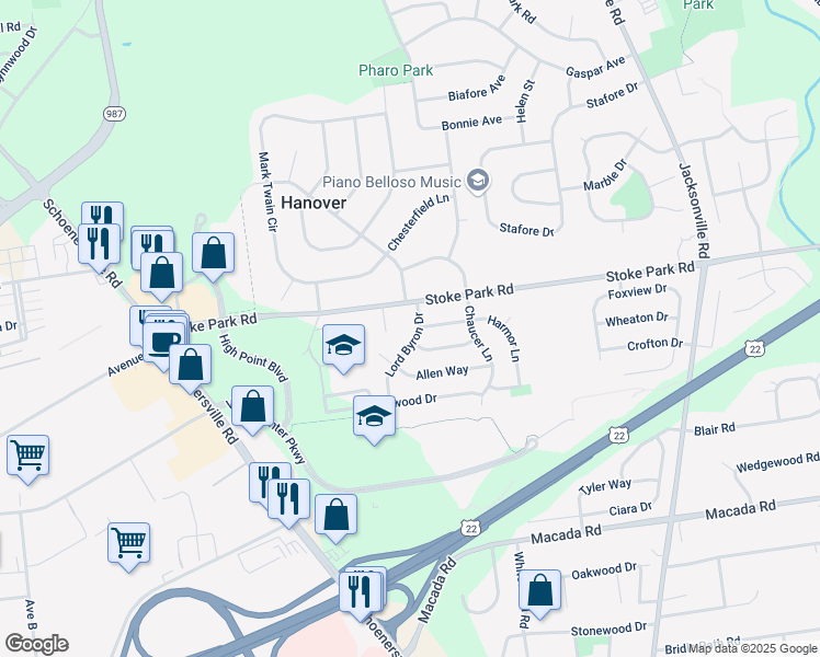 map of restaurants, bars, coffee shops, grocery stores, and more near 1590 Winthrop Avenue in Bethlehem