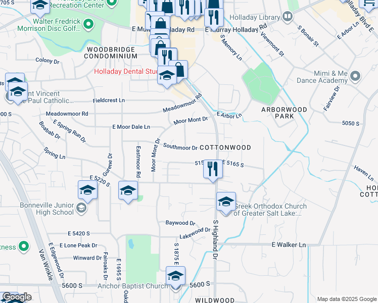 map of restaurants, bars, coffee shops, grocery stores, and more near 1894 Southmoor Drive in Holladay