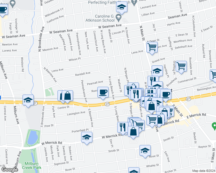 map of restaurants, bars, coffee shops, grocery stores, and more near 35 North Long Beach Avenue in Freeport