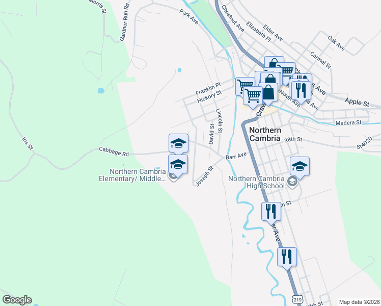 map of restaurants, bars, coffee shops, grocery stores, and more near 502-698 Joseph Street in Northern Cambria