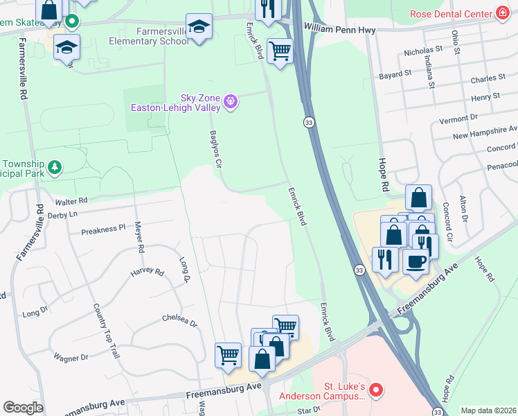 map of restaurants, bars, coffee shops, grocery stores, and more near 2463 Baglyos Circle in Bethlehem