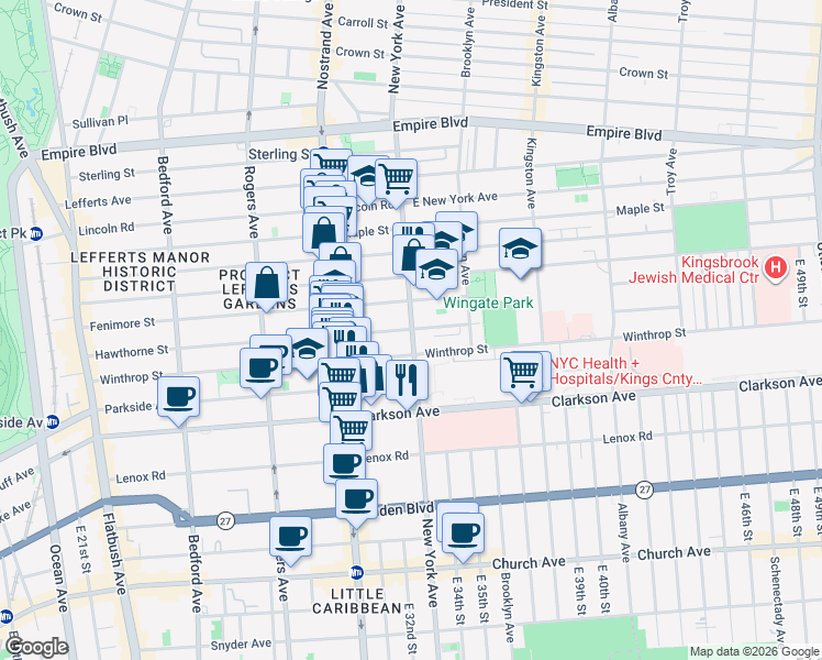 map of restaurants, bars, coffee shops, grocery stores, and more near New York Ave & Hawthorne St in Brooklyn