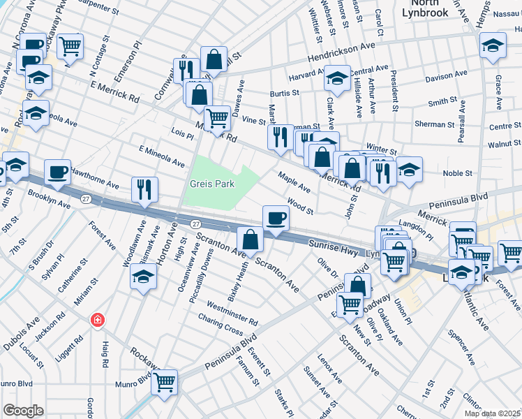 map of restaurants, bars, coffee shops, grocery stores, and more near 29 Leaman Place in Lynbrook
