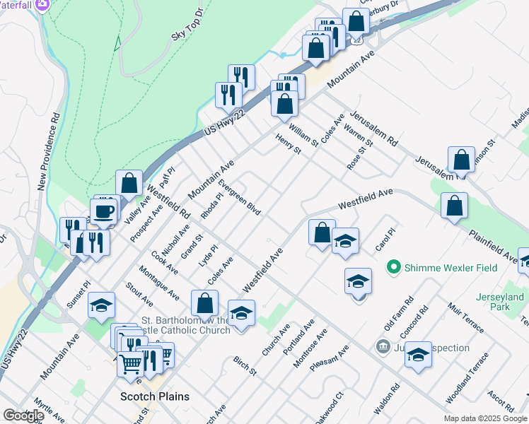 map of restaurants, bars, coffee shops, grocery stores, and more near 408 Evergreen Boulevard in Scotch Plains