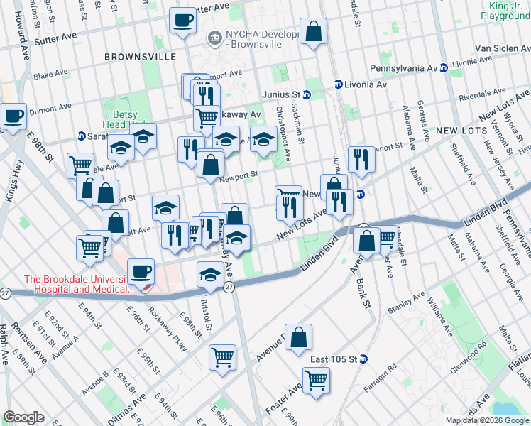 map of restaurants, bars, coffee shops, grocery stores, and more near 230 Lott Avenue in Brooklyn