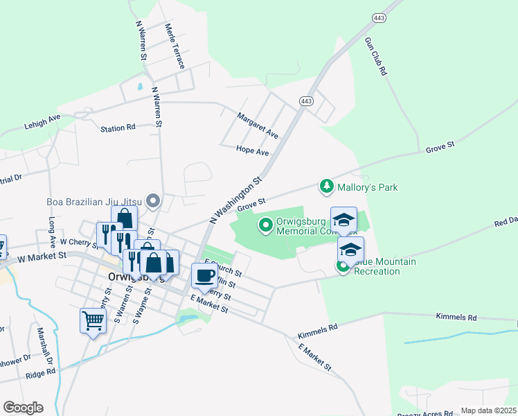 map of restaurants, bars, coffee shops, grocery stores, and more near 306 Grove Street in Orwigsburg