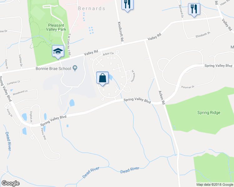 map of restaurants, bars, coffee shops, grocery stores, and more near 134 Bayberry Row in Bernards