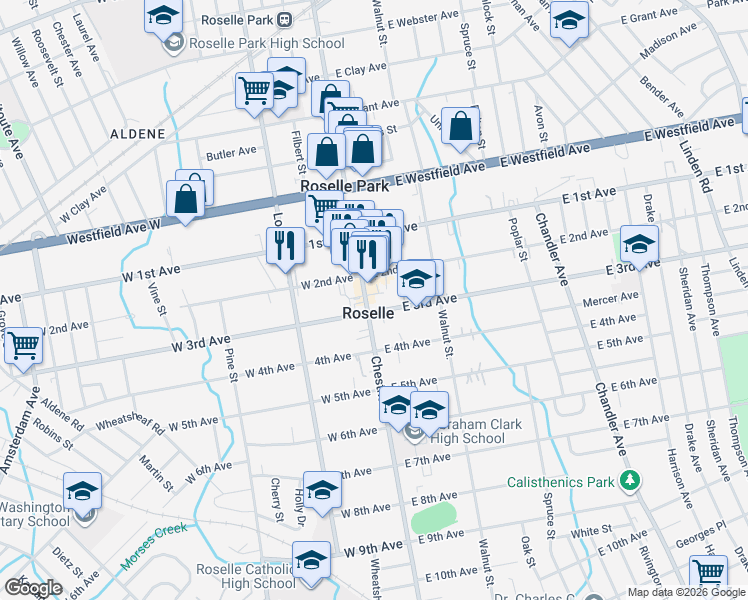 map of restaurants, bars, coffee shops, grocery stores, and more near 109 West 3rd Avenue in Roselle