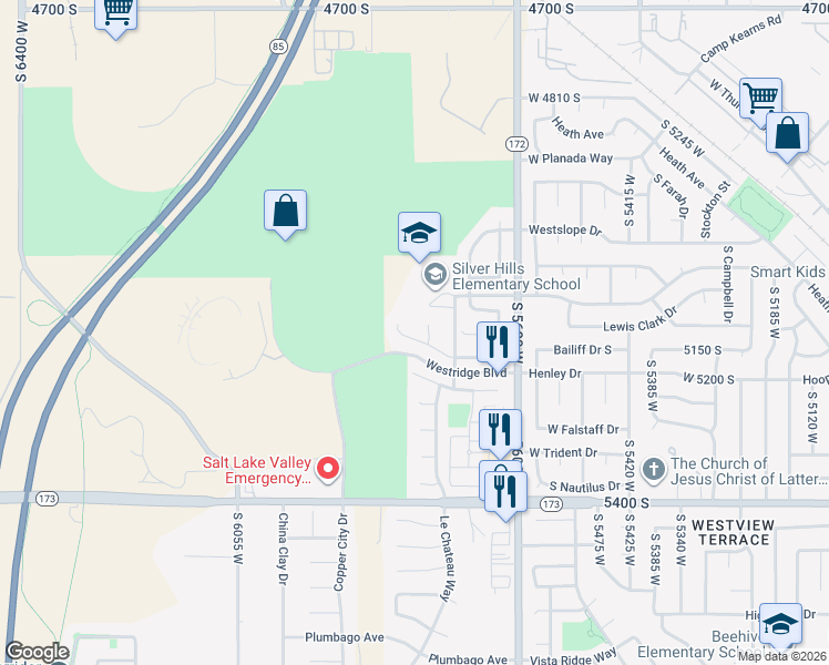 map of restaurants, bars, coffee shops, grocery stores, and more near 5773 Coral Hill Circle in West Valley City