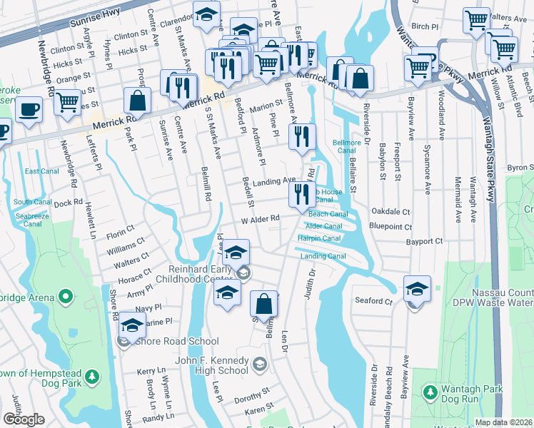 map of restaurants, bars, coffee shops, grocery stores, and more near 2700 West Alder Road in Bellmore