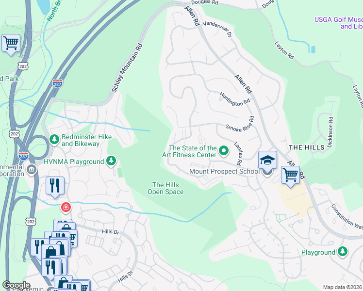 map of restaurants, bars, coffee shops, grocery stores, and more near 18 Academy Court in Bedminster Township
