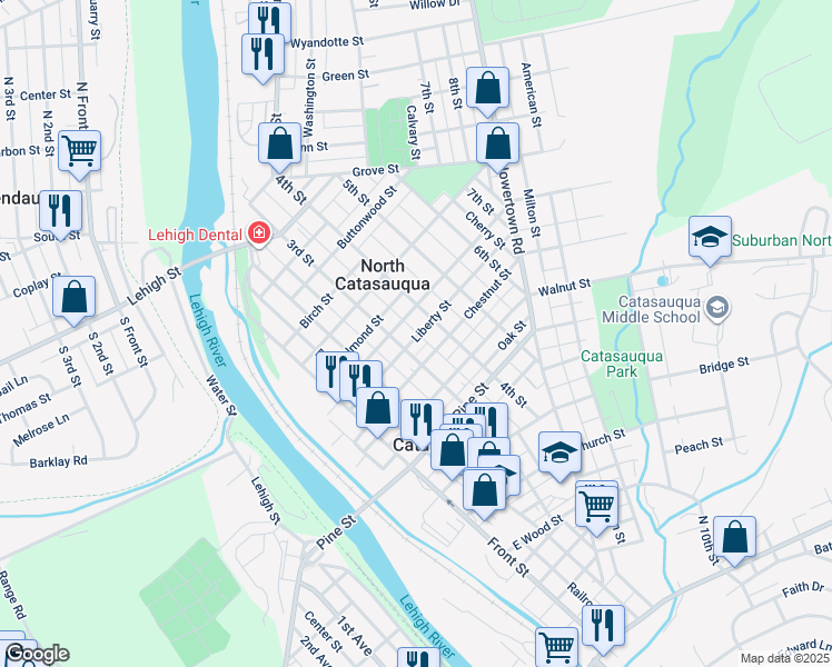 map of restaurants, bars, coffee shops, grocery stores, and more near 318 Liberty Street in Catasauqua
