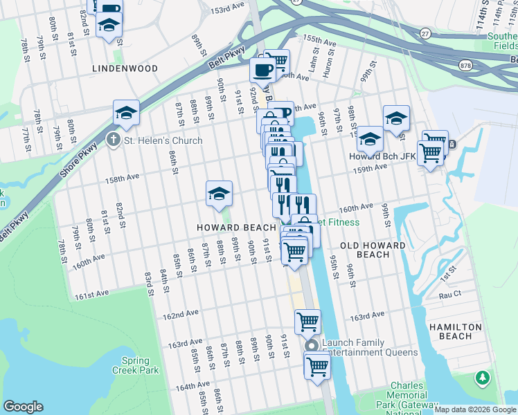 map of restaurants, bars, coffee shops, grocery stores, and more near 159-43 90th Street in Queens