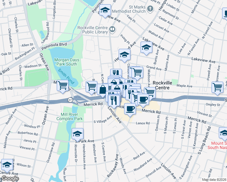 map of restaurants, bars, coffee shops, grocery stores, and more near 182 New York 27 in Rockville Centre