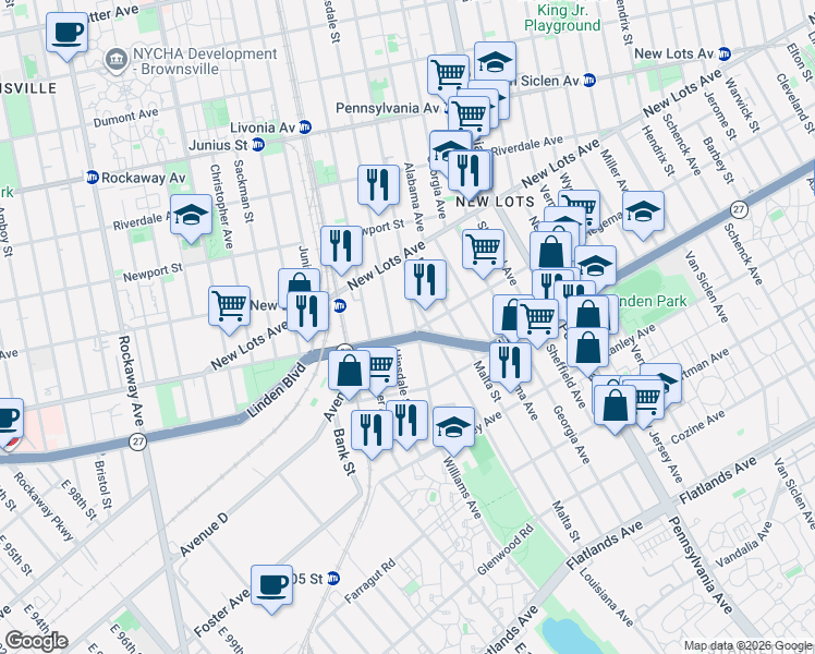 map of restaurants, bars, coffee shops, grocery stores, and more near 1785 Linden Boulevard in Brooklyn