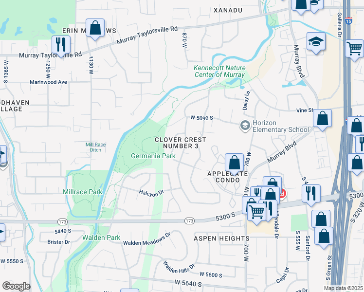 map of restaurants, bars, coffee shops, grocery stores, and more near 5200 Clover Meadow Drive in Murray