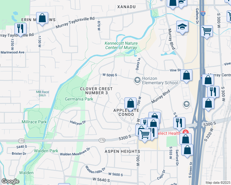 map of restaurants, bars, coffee shops, grocery stores, and more near 5224 Gravenstein Park in Murray