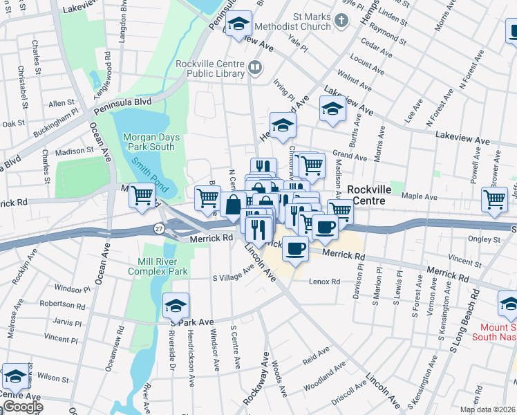 map of restaurants, bars, coffee shops, grocery stores, and more near 182 New York 27 in Rockville Centre