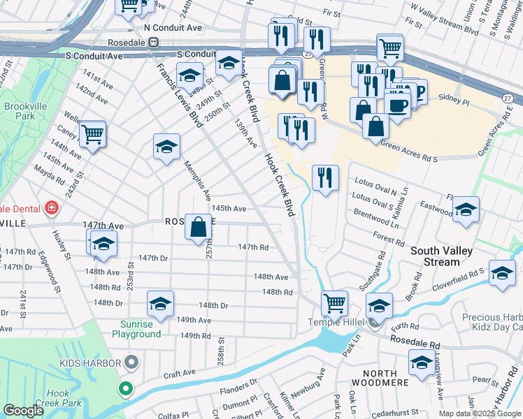 map of restaurants, bars, coffee shops, grocery stores, and more near 258-31 Francis Lewis Boulevard in Queens